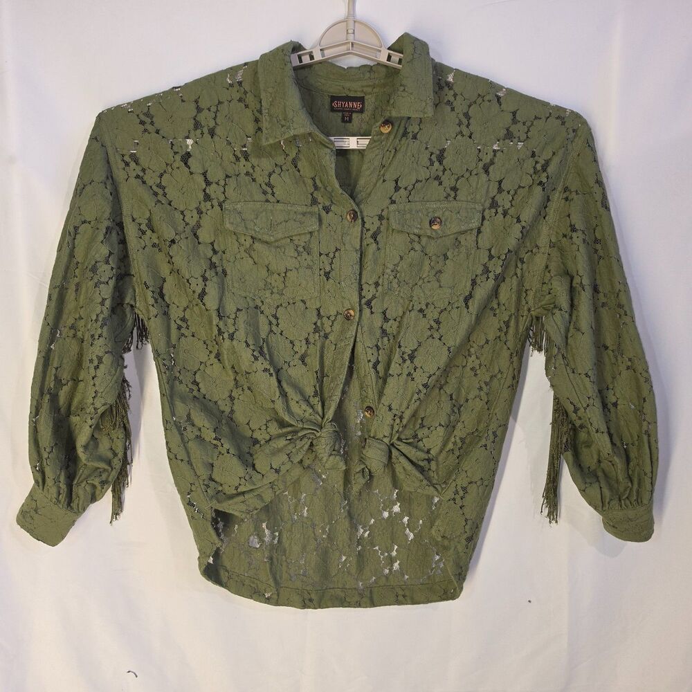 Shyanne Olive Green Floral Lace Fringe Western Shacket Button Down Shirt Medium